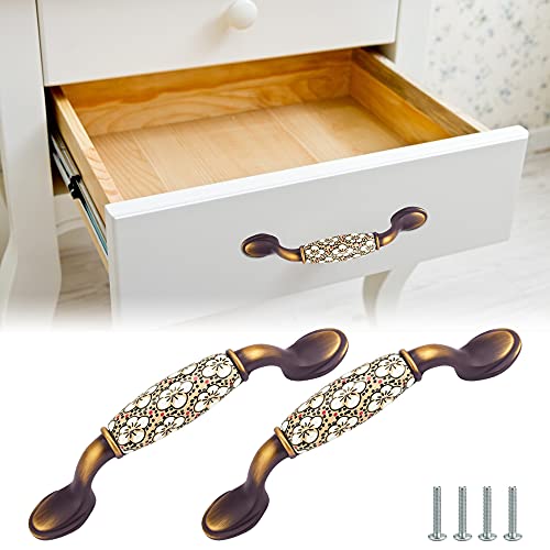 SNAGAROG 2 Stück Vintage Schubladegriffe Keramik Schrankgriffe Blumenmuster Türgriffe Antiker Stil Bogengriffe Brown Möbelgriffe mit Schrauben für Küche Schublade Schränke Tür (144 * 40mm) von SNAGAROG