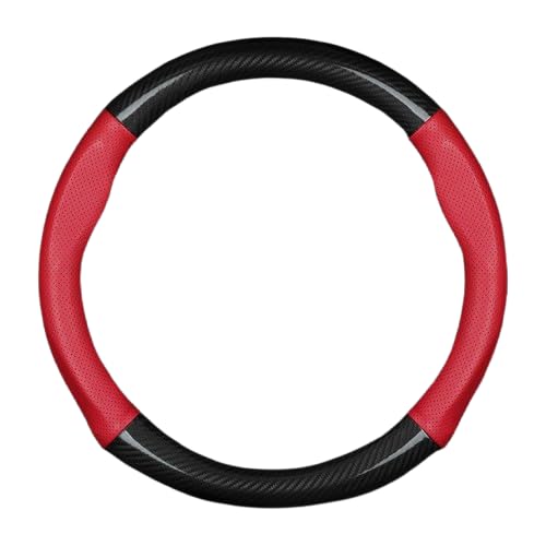 SNAHLPER Auto Lenkradbezug für Ford Transit/Tourneo Custom 2023-2024 2025, Kohlefaser Lenkradbezug, Lenkrad Abdeckung Echtes Leder Breathable Antislip, Universal Größe 38 cm,Red-Round von SNAHLPER