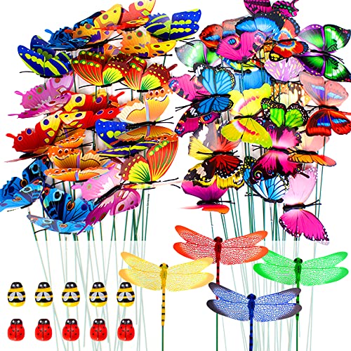 60 STK Garten Schmetterlinge Deko Set,PVC Wasserdicht,46x Gartendeko Schmetterling+4X Garten Libellen+10x Marienkäfer Biene Garten Ornamente,Outdoor Schmetterlinge Deko für Balkon,Hof,Terrasse,Party von SNAIL GARDEN