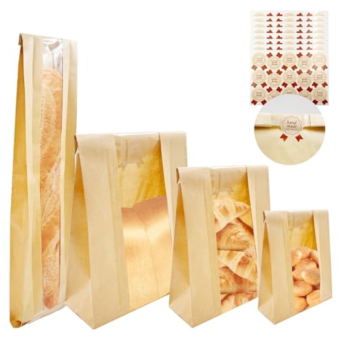 SNAIL GARDEN 100PCS Kraftpapier-Brotbeutel in 4 Größen &120PCS Etikettensiegel-Aufkleber, Sauerteig-Brotbeutel für selbstgemachten Sauerteig mit Sichtfenster für Bäckereigebäcke, Leckereien von SNAIL GARDEN