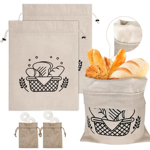 SNAIL GARDEN 2 Pack 45×35cm TPU Innenbrotbeutel & 2 Pack Feuchtigkeitsabsorber Beutel, wiederverwendbare Leinensäcke, um Brot frisch zu halten, Lebensmittelbeutel für hausgemachtes Brot Lagerung von SNAIL GARDEN