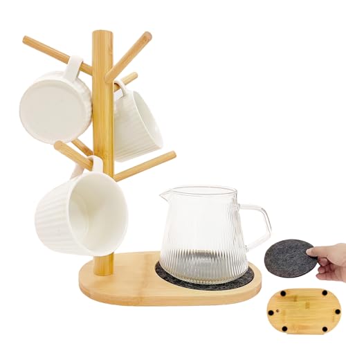 SNAIL GARDEN 6 Haken Tassenhalter, Kaffeetassenbaum mit großem Holzsockel, Kaffeetassenständer mit abnehmbarem, rundem Filzkissen, Kaffeetassenbaum für Küche, Wohnzimmer,Arbeitsplatte,Tischplatte von SNAIL GARDEN