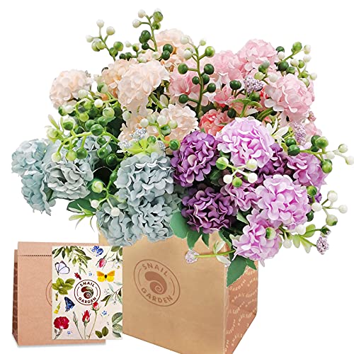 SNAIL GARDEN Künstliche Hortensien mit 40 Blütenköpfen, 4 Stück, künstliche Seide, Mini-Hortensien mit 1 Vase, Kraftpapierbeutel, Mini-künstliche Chrysanthemen-Kugel, Babyparty, Party-Dekoration von SNAIL GARDEN