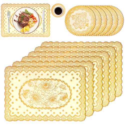 SNAIL GARDEN Platzsets Abwaschbar & Tischuntersetzer Set Von 12,Rechteckige Weihnachten Tischläufer, wasserdichte Runde Tischsets Abwaschbar,PVC Metallic Untersetzer für Weihnachtsfeier(Goldene) von SNAIL GARDEN