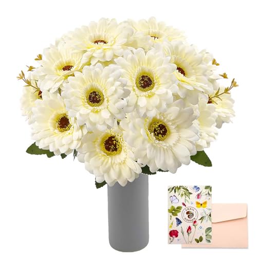 Snail Garden 2 Sträuße 14 Köpfe künstliche Gerbera Gänseblümchen,Fake Gänseblümchen Blumen mit Blättern und Sämling schießt,Faux Gerbera künstliche Blumen,Seidenblumen fürHochzeit Zuhause Dekoration von SNAIL GARDEN