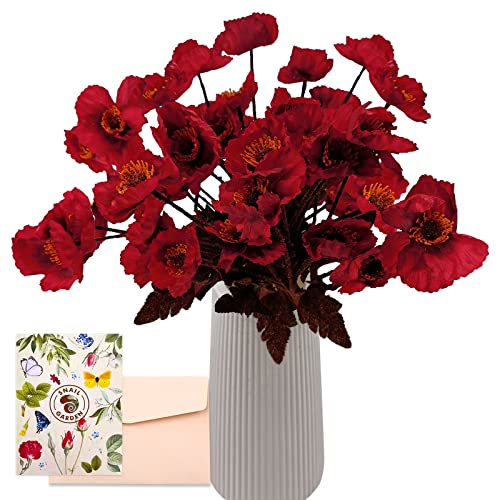 SNAIL GARDEN 32 Köpfe Künstliche Mohnblumen, 56cm Langer Stiel Mohnblumen Künstlich Gefälschte Mohnblume Rot mit Grußkarte & Papiertüte, Künstliche Blumen für Haus Geschenk Büro Dekor von SNAIL GARDEN