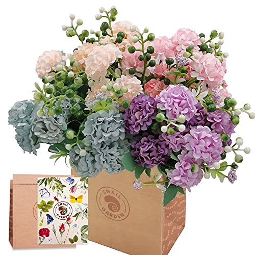 SNAILGARDEN Künstliche Hortensie mit 40 Blütenköpfen, 4 Stk Seide, Blumen mit Beerenkörner, Künstliche Blumen mit Grußkarte & Papiertüte-Blau Champagner Rosa & Lila von SNAIL GARDEN