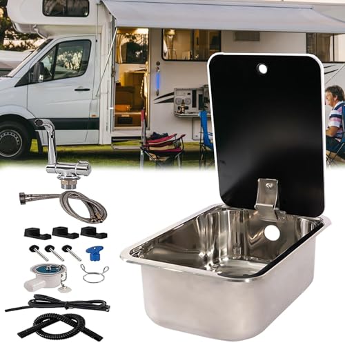 SNBGRYE CampingspüLe Mit Klapphahn Und Deckel, Kleines Wohnmobil-SpüLbecken-Set, Warm- Und Kaltwasserhahn - Auf- Und Zudrehen, Edelstahl-Waschbecken/Schneidebrett, FüR Wohnmobil, KüChe,Square von SNBGRYE
