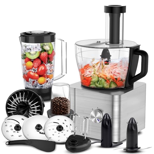 Küchenmaschine Multifunktional SNDOAS, 1100W Food Processor Kompakt küchenmaschine 11 in 1 include Küchenmaschine Zerkleinerer, 3,2L Rührschüssel & 1,5L mixerbecher, mahlwerk, schneebesen, Silber von SNDOAS