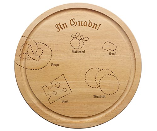 SNEG-DE Brotzeitbrett rund mit bayrischem Motiv (Vesperteller) | Guadn | urig | bayrisch | bayerisch | Brotzeitteller | persönliche Gravur möglich (Motiv mit Text An Guadn!) von SNEG-DE