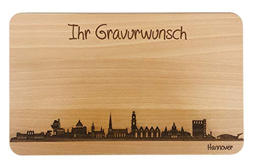 SNEG-DE Brotzeitbrett Hannover Skyline | Frühstücksbrettchen aus Buche | Holz Schneidbrett | Geschenk mit Gravur | Frühstücksbrett | Niedersachsen (26x16x1,5cm (L) - mit persönlicher Gravur) von SNEG