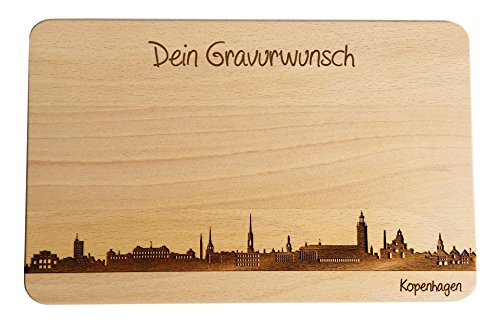 Brotzeitbrett Kopenhagen Skyline | Frühstücksbrettchen aus Buche | Holz Schneidbrett | Geschenk mit Gravur | Frühstücksbrett … (26x16x1,5cm (L), mit persönlicher Gravur) von SNEG-de