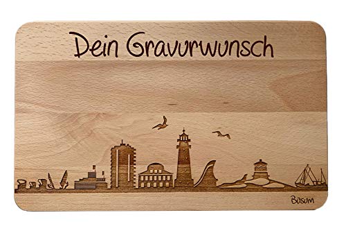 Brotzeitbrett Büsum Skyline | Frühstücksbrettchen aus Buche | Holz Schneidbrett | Geschenk mit Gravur | Frühstücksbrett | Schleswig-Holstein (Brett L (26x16x1,5cm), 2. mit persönlicher Gravur) von SNEG