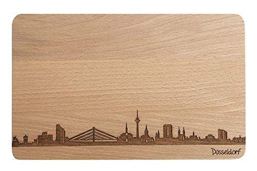 Brotzeitbrett Düsseldorf Skyline | Frühstücksbrettchen aus Buche | Holz Schneidbrett | Geschenk mit Gravur | Frühstücksbrett | Nordrhein-Westfalen (Brett L (26x16x1,5cm), 1. ohne persönlicher Gravur) von SNEG