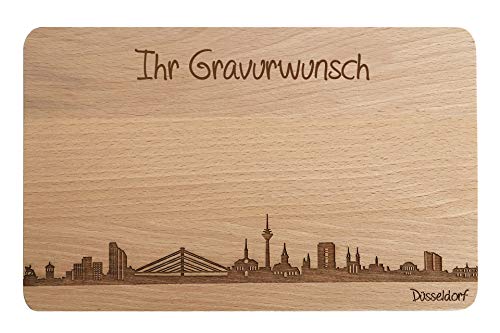 Brotzeitbrett Düsseldorf Skyline | Frühstücksbrettchen aus Buche | Holz Schneidbrett | Geschenk mit Gravur | Frühstücksbrett | Nordrhein-Westfalen (Brett L (26x16x1,5cm), 2. mit persönlicher Gravur) von SNEG