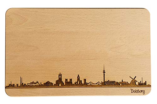 Brotzeitbrett Duisburg Skyline | Frühstücksbrettchen aus Buche | Holz Schneidbrett | Geschenk mit Gravur | Frühstücksbrett | Nordrhein-Westfalen (Brett L (26x16x1,5cm), 1. ohne persönlicher Gravur) von SNEG