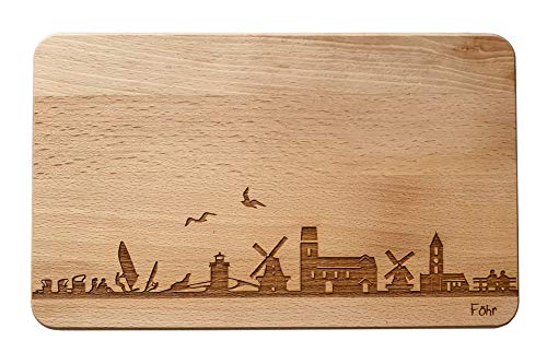 Brotzeitbrett Föhr Skyline | Frühstücksbrettchen aus Buche | Holz Schneidbrett | Geschenk mit Gravur | Frühstücksbrett |Schleswig-Holstein (Brett L (26x16x1,5cm), 1. ohne persönliche Gravur) von SNEG