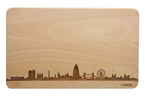 Brotzeitbrett London Skyline | Frühstücksbrettchen aus Buche | Holz Schneidbrett | Geschenk mit Gravur | Frühstücksbrett | England (Brett L (26x16x1,5cm), 1. ohne persönlicher Gravur) von SNEG