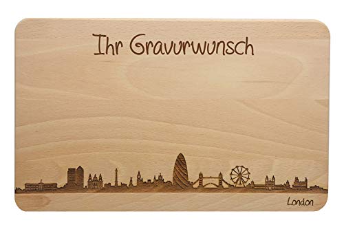 Brotzeitbrett London Skyline | Frühstücksbrettchen aus Buche | Holz Schneidbrett | Geschenk mit Gravur | Frühstücksbrett | England (Brett L (26x16x1,5cm), 2. mit persönlicher Gravur) von SNEG