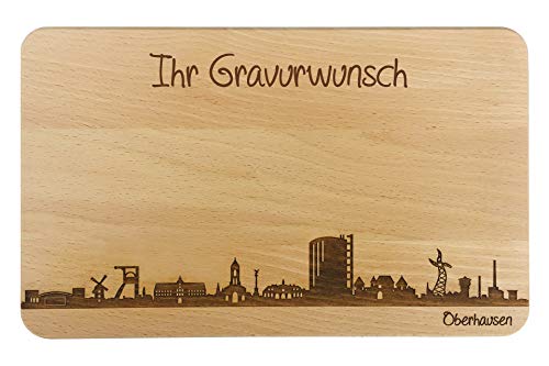 Brotzeitbrett Oberhausen Skyline | Frühstücksbrettchen aus Buche | Holz Schneidbrett | Geschenk mit Gravur | Frühstücksbrett | Nordrhein-Westfalen (Brett L (26x16x1,5cm), 2. mit persönlicher Gravur) von SNEG