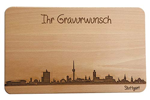 Brotzeitbrett Stuttgart Skyline | Frühstücksbrettchen aus Buche | Holz Schneidbrett | Geschenk mit Gravur | Frühstücksbrett | Baden-Württemberg (Brett L (26x16x1,5cm), 2. mit persönlicher Gravur) von SNEG