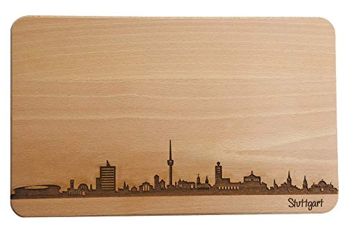 Brotzeitbrett Stuttgart Skyline | Frühstücksbrettchen aus Buche | Holz Schneidbrett | Geschenk mit Gravur | Frühstücksbrett | Baden-Württemberg (Brett XL (35x23x1,5cm), 1. ohne persönlicher Gravur) von SNEG