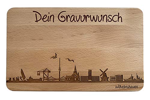 Brotzeitbrett Wilhelmshaven Skyline | Frühstücksbrettchen aus Buche | Holz Schneidbrett | Geschenk mit Gravur | Frühstücksbrett | Niedersachsen (Standard (22x14x1cm), 2. mit persönlicher Gravur) von SNEG