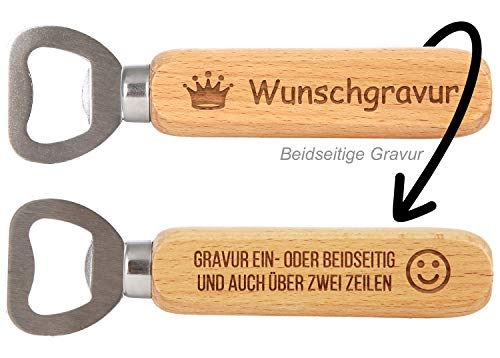 Flaschenöffner mit beidseitiger Gravur – Holzgriff mit Wunschtext & Motiv – personalisierter Edelstahl-Öffner – gravierter Holz-Flaschenöffner als Geschenk für Männer & Küche von SNEG