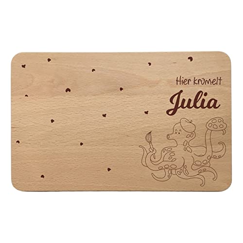 "Hier krümelt" Frühstücksbrettchen mit verschiedenen Tier-Motiven | Frühstücksbrett | Personalisiert | Personalisierbar (Motiv Oktopus) von SNEG