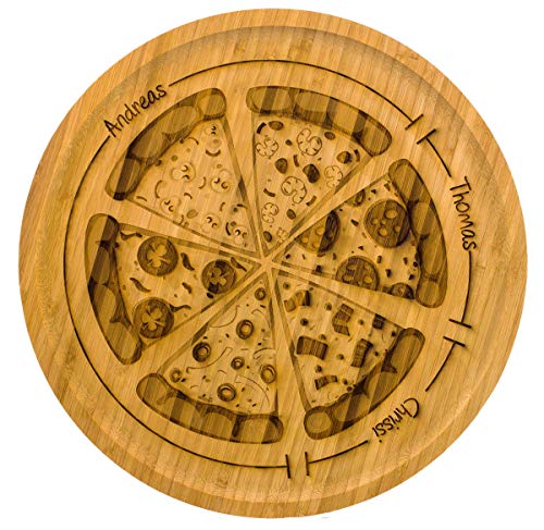 SNEG Pizzateller/Servierteller aus 32cm aus Holz (Bambus) mit lustiger, persönlicher Gravur und Pizza-Motiv von SNEG
