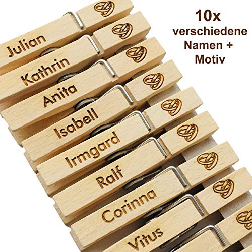 SNEG 10er Set Wäscheklammern mit Gravur | Text & Motiv frei wählbar | für Hochzeit oder Oktoberfest | Glubbal mit Gravur | Glupperl graviert (Hochzeit, 10er Set (Verschiedene Namen)) von SNEG