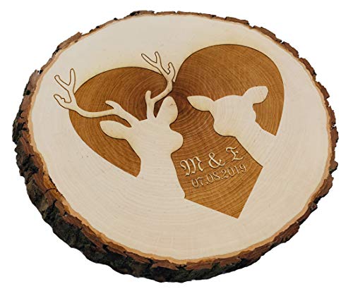 SNEG Baumscheibe REH & Hirsch mit persönlicher Gravur | Verschiedene Größen | Geschenk für Hochzeit oder Valentinstag (32-35 cm Durchmesser) von SNEG