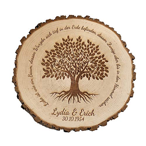 SNEG Baumscheibe mit Lebensbaum-Motiv & Gravur – personalisierte Rindenscheibe 18–20 cm – Geschenk zur Hochzeit, zum Jahrestag oder als Dekoschild – Erlenholz naturbelassen von SNEG