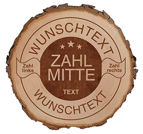 SNEG Baumscheibe mit Rinde + graviertem Glückwunsch-Motiv, Geschenk zum Jubiläum, Jahrestag oder Geburtstag (Zahlen+Text ändern, 32-35 cm) von SNEG