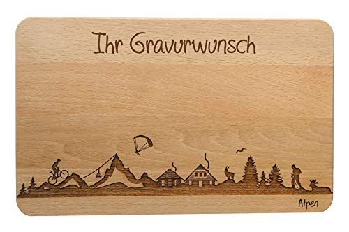 SNEG Brotzeitbrett Alpen Skyline | Frühstücksbrettchen aus Buche | Holz Schneidbrett | Geschenk mit Gravur | Frühstücksbrett (Brett L (26x16x1,5cm), 2. mit persönlicher Gravur) von SNEG