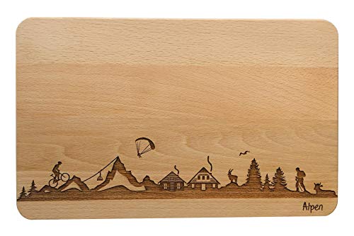 SNEG Brotzeitbrett Alpen Skyline | Frühstücksbrettchen aus Buche | Holz Schneidbrett | Geschenk mit Gravur | Frühstücksbrett (Brett XL (35x23x1,5cm), 1. ohne persönlicher Gravur) von SNEG
