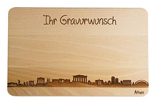 SNEG Brotzeitbrett Athen Skyline | Frühstücksbrettchen aus Buche | Holz Schneidbrett | Geschenk mit Gravur | Frühstücksbrett | Griechenland (Brett L (26x16x1,5cm), 2. mit persönlicher Gravur) von SNEG