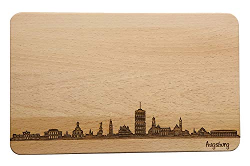SNEG Brotzeitbrett Augsburg Skyline | Frühstücksbrettchen aus Buche | Holz Schneidbrett | Geschenk mit Gravur | Frühstücksbrett | Bayern (L 26x16x1,5 cm - ohne persönlicher Gravur) von SNEG