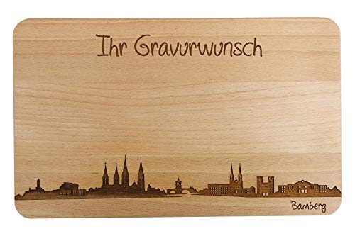 SNEG Brotzeitbrett Bamberg Skyline | Frühstücksbrettchen aus Buche | Holz Schneidbrett | Geschenk mit Gravur | Frühstücksbrett | Bayern (35x23x1,5cm (XL) - mit persönlicher Gravur) von SNEG