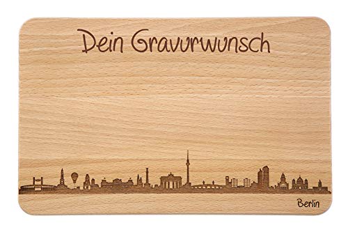 Brotzeitbrett Berlin Skyline | Frühstücksbrettchen aus Buche | Holz Schneidbrett | Geschenk mit Gravur | Frühstücksbrett (Standard S (22x14x1cm), 2. mit persönlicher Gravur) von SNEG