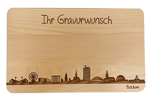 SNEG Brotzeitbrett Bochum Skyline | Frühstücksbrettchen aus Buche | Holz Schneidbrett | Geschenk mit Gravur | Frühstücksbrett | Nordrhein-Westfalen (Brett L (26x16x1,5cm), 2. mit persönlicher Gravur) von SNEG