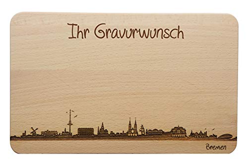 SNEG Brotzeitbrett Bremen Skyline | Frühstücksbrettchen aus Buche | Holz Schneidbrett | Geschenk mit Gravur | Frühstücksbrett (Brett L (26x16x1,5cm), 2. mit persönlicher Gravur) von SNEG