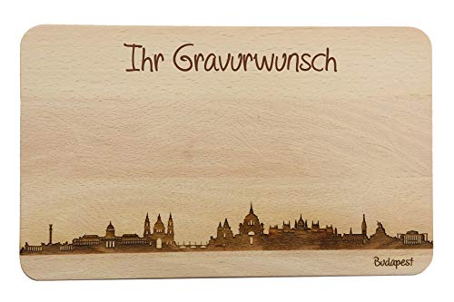 SNEG Brotzeitbrett Budapest Skyline | Frühstücksbrettchen aus Buche | Holz Schneidbrett | Geschenk mit Gravur | Frühstücksbrett | Ungarn (Brett L (26x16x1,5cm), 2. mit persönlicher Gravur) von SNEG