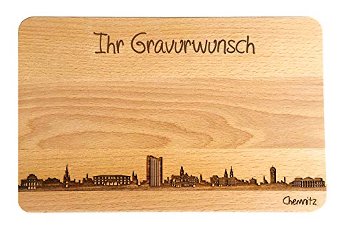 SNEG Brotzeitbrett Chemnitz Skyline | Frühstücksbrettchen aus Buche | Holz Schneidbrett | Geschenk mit Gravur | Frühstücksbrett | Sachsen (Brett L (26x16x1,5cm), 2. mit persönlicher Gravur) von SNEG