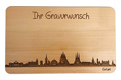 SNEG Brotzeitbrett Erfurt Skyline | Frühstücksbrettchen aus Buche | Holz Schneidbrett | Geschenk mit Gravur | Frühstücksbrett | Thüringen (Brett L (26x16x1,5cm), 2. mit persönlicher Gravur) von SNEG