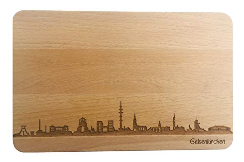 SNEG Brotzeitbrett Gelsenkirchen Skyline | Frühstücksbrettchen aus Buche | Holz Schneidbrett | Geschenk mit Gravur | Frühstücksbrett | NRW (Brett L (26x16x1,5cm), 1. ohne persönlicher Gravur) von SNEG
