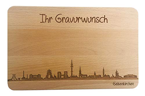 SNEG Brotzeitbrett Gelsenkirchen Skyline | Frühstücksbrettchen aus Buche | Holz Schneidbrett | Geschenk mit Gravur | Frühstücksbrett | NRW (Brett L (26x16x1,5cm), 2. mit persönlicher Gravur) von SNEG