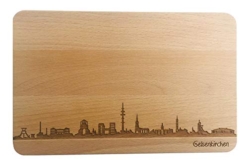 SNEG Brotzeitbrett Gelsenkirchen Skyline | Frühstücksbrettchen aus Buche | Holz Schneidbrett | Geschenk mit Gravur | Frühstücksbrett | NRW (Brett XL (35x23x1,5cm), 1. ohne persönlicher Gravur) von SNEG