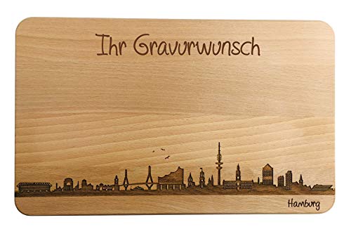 Brotzeitbrett Hamburg Skyline | Frühstücksbrettchen aus Buche | Holz Schneidbrett | Hamburg Souvenir | Frühstücksbrett (Standard (22x14x1cm), mit persönlicher Gravur) von SNEG