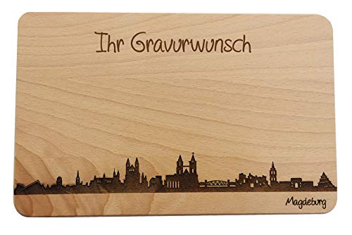 SNEG Brotzeitbrett Magdeburg Skyline | Frühstücksbrettchen aus Buche | Holz Schneidbrett | Geschenk mit Gravur | Frühstücksbrett | Sachsen-Anhalt (Brett L (26x16x1,5cm), mit persönlicher Gravur) von SNEG